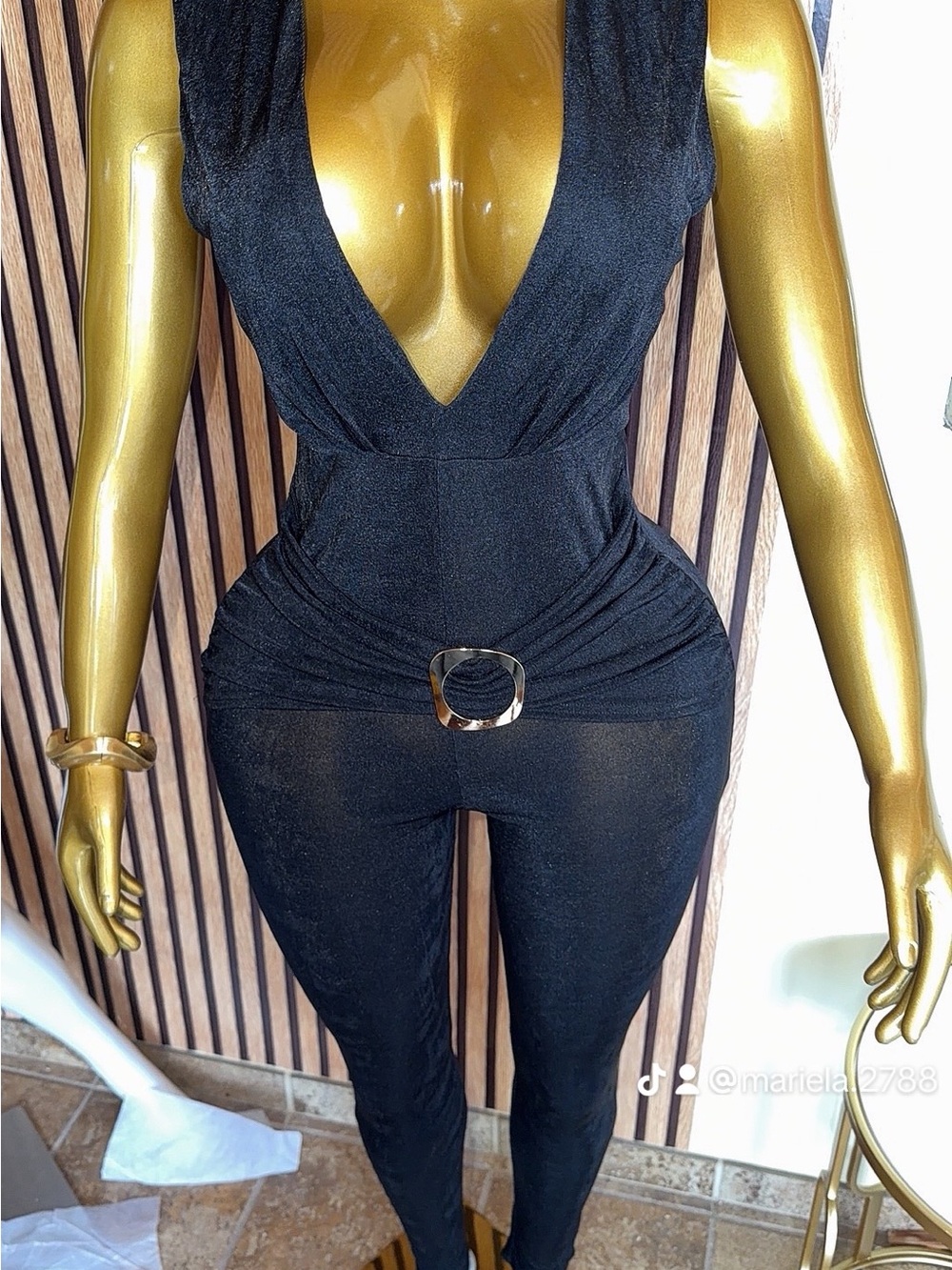 Fashion Nova Black Deep V Sleeveless Jumpsuit with Gold Buckle
